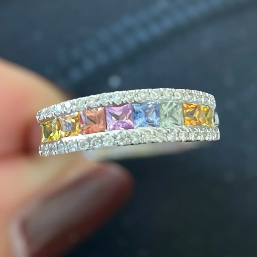 ✨ solid 18k white gold rainbow diamond sapphire channel set half eternity ring